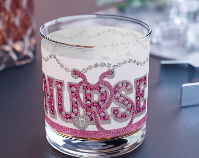 Bling Nurse Rocks Glass: Pink Cheetah Print, Pearls, Diamonds