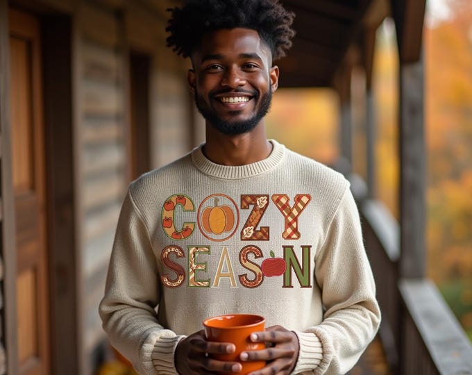 Cozy Season Fall Crewneck Sweatshirt – Faux Embroidery Autumn Shirt, Pumpkin Pie, Candy Apple, Leaves, Cozy Fall Outfit