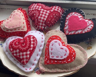 Rustic Felt & Fabric Embroidered Medium Hearts