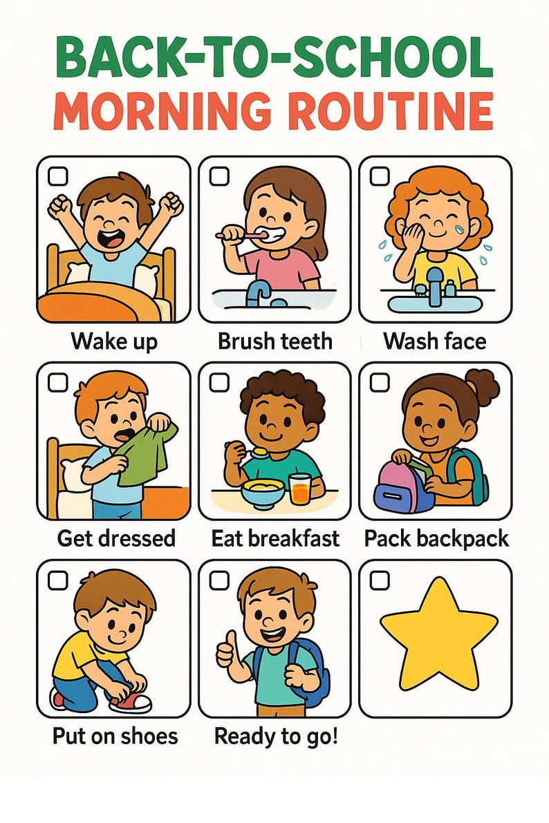 May include: A colorful illustration titled "BACK-TO-SCHOOL MORNING ROUTINE" shows a sequence of steps. The steps include waking up, brushing teeth, washing face, getting dressed, eating breakfast, packing a backpack, putting on shoes, and being ready to go.