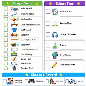 May include: A Daily Chore & Reward Checklist with sections for Today's Chores, School Time, and Choose a Reward. The chart features colorful icons for tasks like making a bed, math practice, and bike rides, with checkboxes for tracking progress.