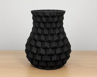 Jarrón geométrico moderno impreso en 3D: decoración escultural negra para el hogar, la oficina o para regalar.