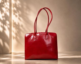 Vintage Furla Red Leather Tote Bag | Italian Minimalist Shoulder Work Bag