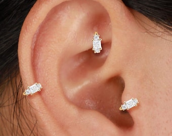 14K Solid Gold Princess Lab Diamond Clicker Hoops Helix Rook Helix Tragus Ring