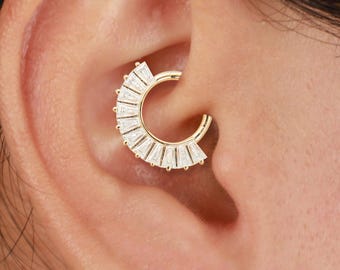 14K massivt guld Baguette Lab Diamond Daith Clicker Hoop örhänge gångjärnsseptumring 18G/16G