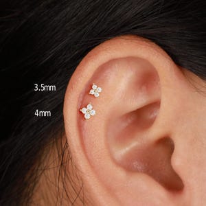 May include: An ear with two small, flower-shaped earrings. The top earring is 3.5mm, and the bottom earring is 4mm. The earrings are set with small, sparkling stones, possibly cubic zirconia or diamonds, and are set in a light-coloured metal.