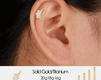 14K massivt guld Baguette Lab Diamant Böjd Brosk Örhänge med Platt Baksida
