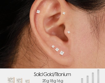 14K White Gold Invisible Princess Lab Diamond Screw Back Flat Stud Earring