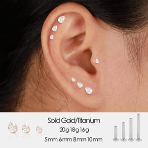 May include: Ear piercings featuring teardrop-shaped, clear gemstones. The image shows multiple piercings on an ear, with additional studs and the text "Solid Gold/Titanium" and size specifications.