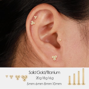 Op de afbeelding: Close-up van een oor versierd met meerdere gouden oorstekers. De oorbellen hebben een cluster van drie kleine, ronde kralen. De afbeelding toont ook verschillende maten en diktes van de oorbellen, met tekst die aangeeft dat ze van massief goud of titanium zijn.