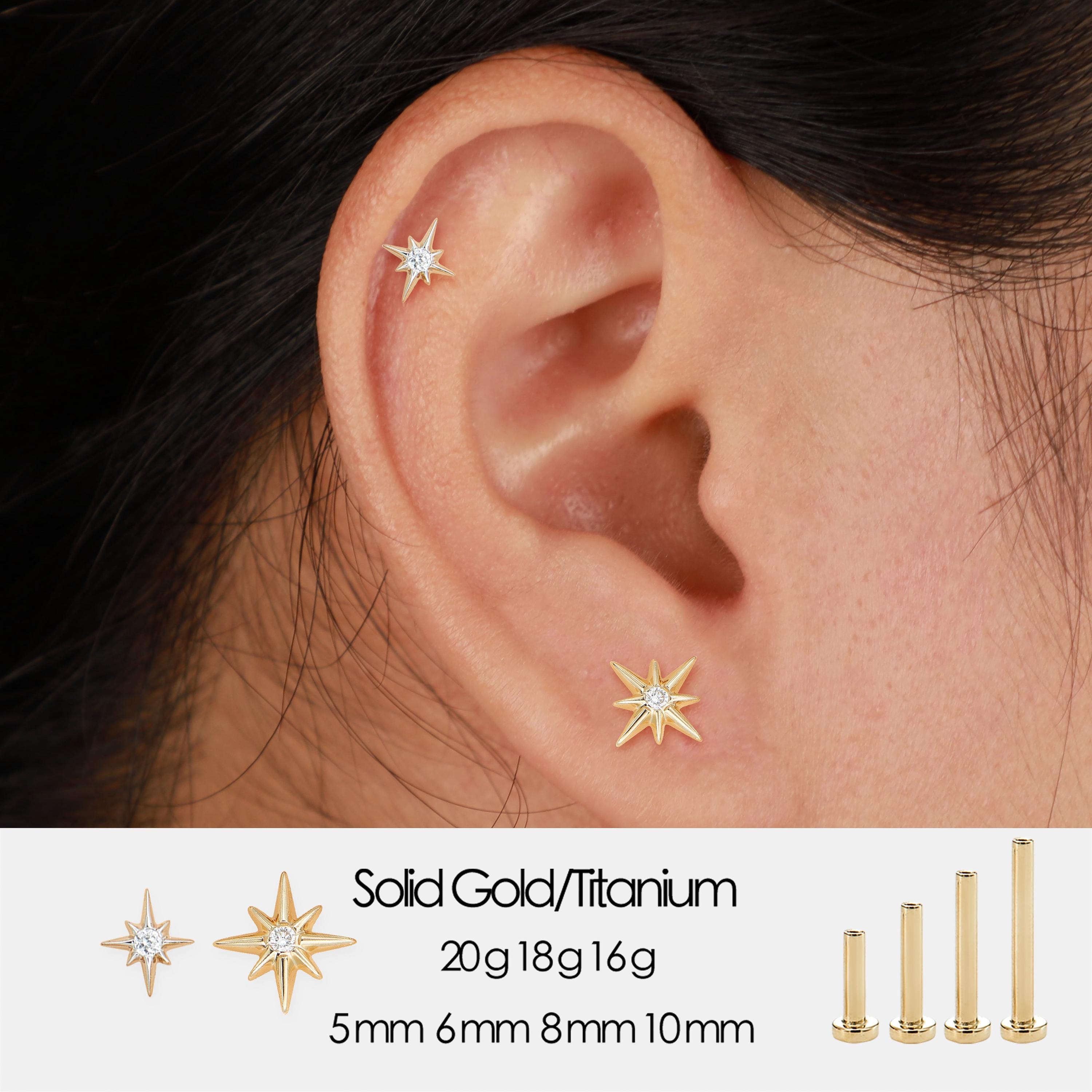 14K Solid Gold Lab Diamond Star Cartilage Threadless Flat Back Earring