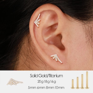 May include: Gold and titanium ear piercings in a wing design, adorned with small, sparkling stones. The image shows the piercings on an ear, with additional sizes and materials listed below. The text reads "Solid Gold/Titanium" and "20g 18g 16g".