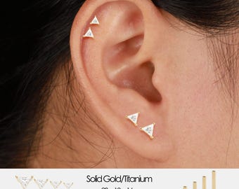 14K Solid Gold Triangle Moissanite Flat Back Earring : Cartilage, Helix, Conch Piercing Jewelry