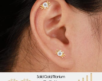 14K Solid Gold Lab Diamond Crab Threadless Flat Back Stud Earring