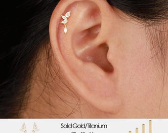 14K Solid Gold Lab Diamond Dangle Cartilage Earring: Threadless Flat Back Stud