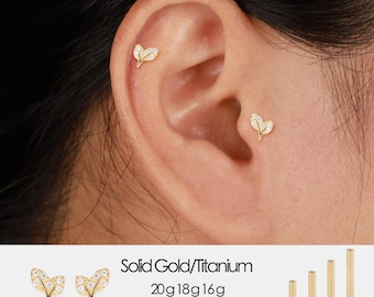14K Solid Gold Leaf Lab Diamond Push pin Labret: Threadless Flat Back Stud Earring