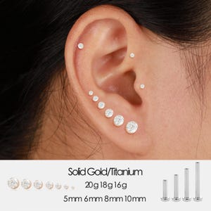 May include: An ear with multiple stud earrings, ranging in size from small to large. The earrings are round with a clear, sparkling stone. Text at the bottom reads "Solid Gold/Titanium" and lists sizes: 20g 18g 16g, 5mm 6mm 8mm 10mm.
