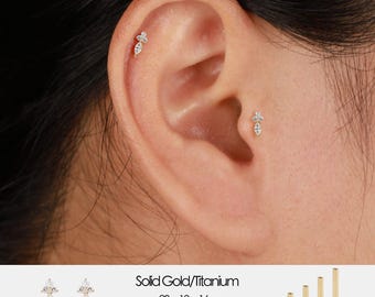 14K Solid Gold Lab Diamonds Push Pin Labret Stud, Threadless Flat Back Earring