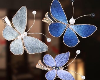 Blue Butterfly Crystal Hair Clip, Navy Butterfly With Gold  display picture 2