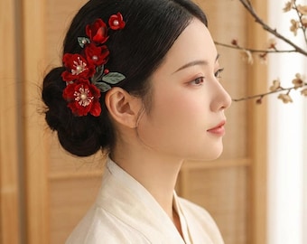 Pinza para el cabello con flor roja, pinza para el cabello con flor de camelia roja, accesorio para Hanfu, adornos florales románticos para el cabello, accesorios para el cabello de boda, accesorios para el cabello