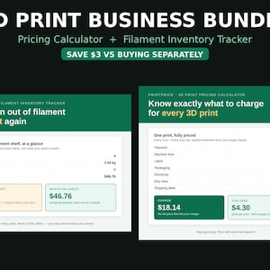 May include: A 3D Print Business Bundle digital tool set featuring a filament inventory tracker and a pricing calculator. The interface displays data fields for spool tracking, inventory value, filament weight in grams, and itemized cost breakdowns.