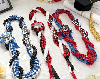 Personalized Tri-Color Graduation Lei , Custom 3 Ribbon Colors, Class of 2026 , Acrylic Grad Cap Charm Keepsake,Double Braided