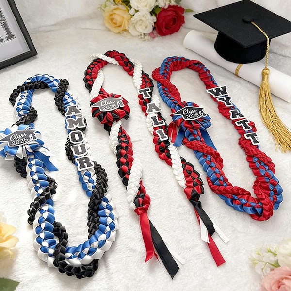 Personalized Tri-Color Graduation Lei , Custom 3 Ribbon Colors, Class of 2026 , Acrylic Grad Cap Charm Keepsake,Double Braided