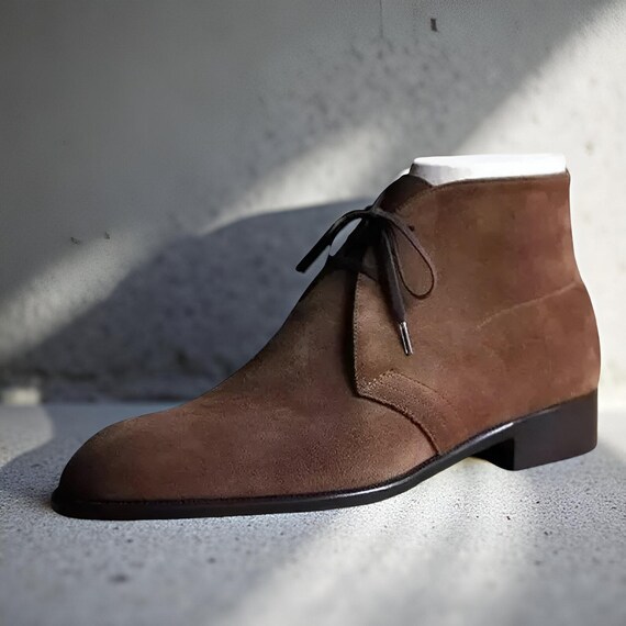 Handmade Brown Suede Chukka Boots, Leather Lace-up Ankle  display picture 2