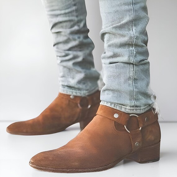 Men\'s Suede Ankle Boots with Leather Strap in Tan Mens Tan Color Suede Size Zipper Boots, Mens Fashion Ankle  main image 2