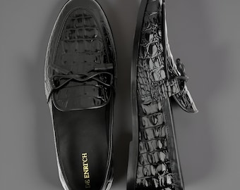 Mocasines Penny hechos a mano: Zapatos de vestir de cuero negro para hombre
