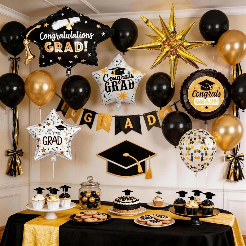 Class of 2026 Graduation Balloons Black Gold Confetti Grad Hat Star ...