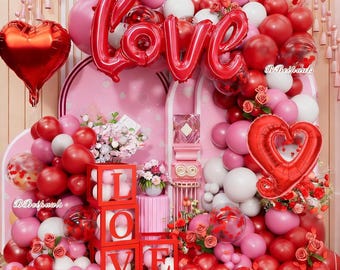 Zestaw łuków balonowych na zaręczyny 328 szt. Różowo-czerwono-białe balony foliowe LOVE z płatkami róż
