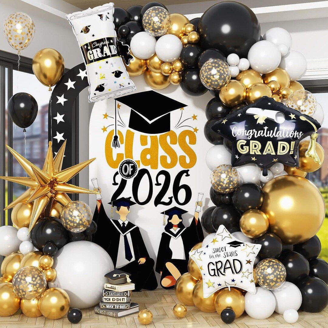 Graduation Balloon Arch Kit 2026 Black Gold Confetti Grad Cap Diploma ...
