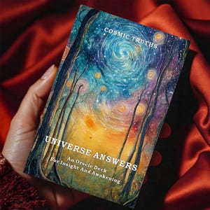 May include: A rectangular oracle deck box titled Cosmic Truths and Universe Answers: An Oracle Deck For Insight And Awakening. The cover features a vibrant, painterly illustration of a swirling night sky, stars, and dark tree silhouettes.