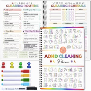 May include: A spiral-bound ADHD Cleaning Planner with a white cover featuring colourful cleaning icons and the title text. The set includes a daily cleaning routine page, a weekly schedule page, four coloured magnetic pins, and five dry-erase markers.