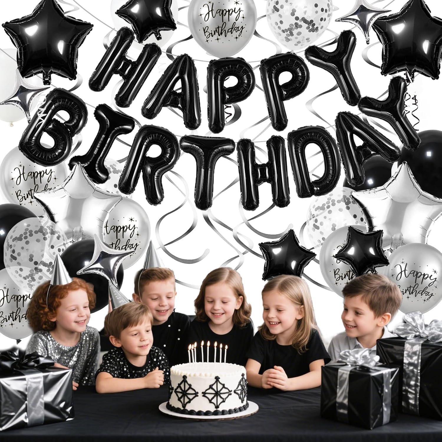 Black Silver Birthday Decorations Set, Foil Balloons Banner, Star Party
