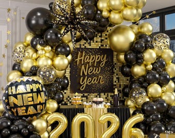 Décoration Nouvel An 2026 En Spirale Noir Et Or - Guirlande 'Bonne Année' + 6 Suspensions (étoile, Horloge, Chapeau...)
