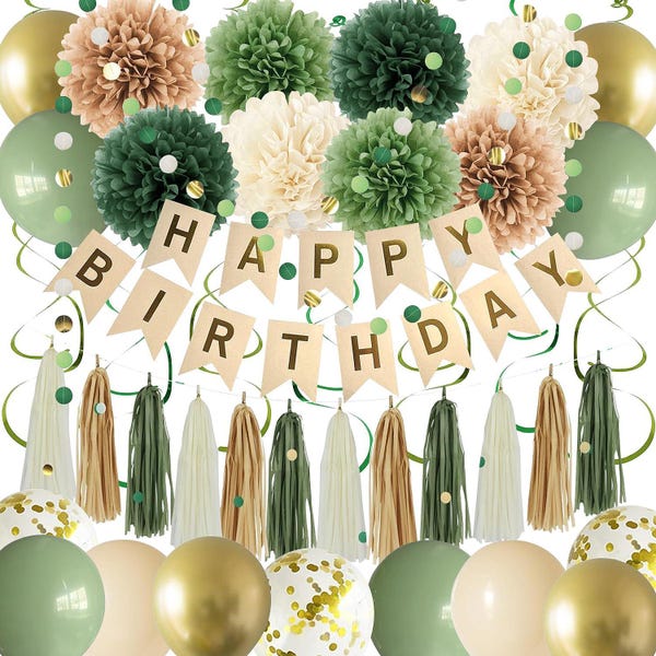 Sage Green Birthday Party Decor Set, Banner, Pompoms, Balloons