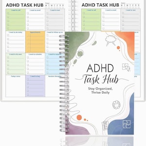 May include: A spiral-bound ADHD Task Hub planner featuring a white cover with abstract green, orange, and blue watercolor shapes, line art icons, and the text ADHD Task Hub Stay Organized, Thrive Daily. The interior pages show organized task lists.