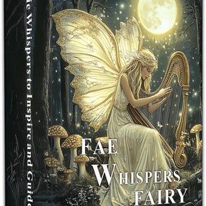 Peut inclure: Une boîte rectangulaire pour les cartes oracle Faerie Whispers to Inspire and Guide You. Le devant montre une figure ailée jouant de la harpe dans une forêt sombre avec des champignons et une pleine lune. Le texte FAE WHISPERS FAIRY Oracle cards est imprimé.
