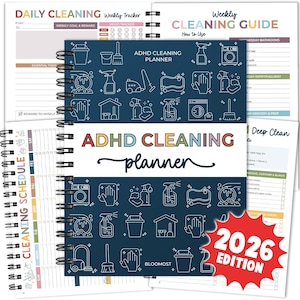 May include: A spiral-bound ADHD Cleaning Planner with a dark blue cover featuring white line-art icons of cleaning supplies. The cover displays the text ADHD CLEANING planner and BLOOMOST, with a red starburst graphic stating 2026 EDITION.