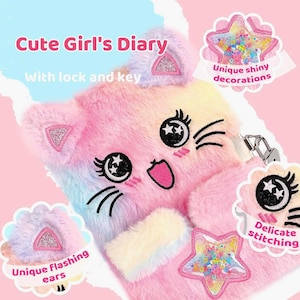 May include: A plush diary featuring a cat face with pastel pink, blue, and yellow fur. The cover includes embroidered eyes with star pupils, a pink mouth, whiskers, and glittery ears. It features a star-shaped sequin pouch and a metal lock.
