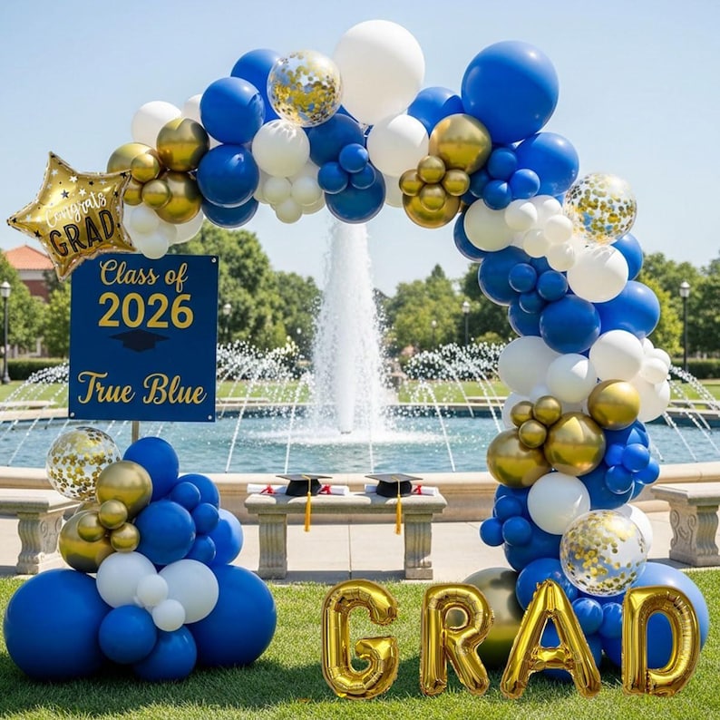 Spell Graduation Blue White Gold Graduation Balloon Arch Kit: GRAD Letters, Confetti ...