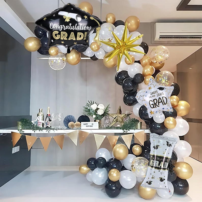 Graduation Balloon Arch Kit 2026 Black Gold Confetti Grad Cap Diploma ...
