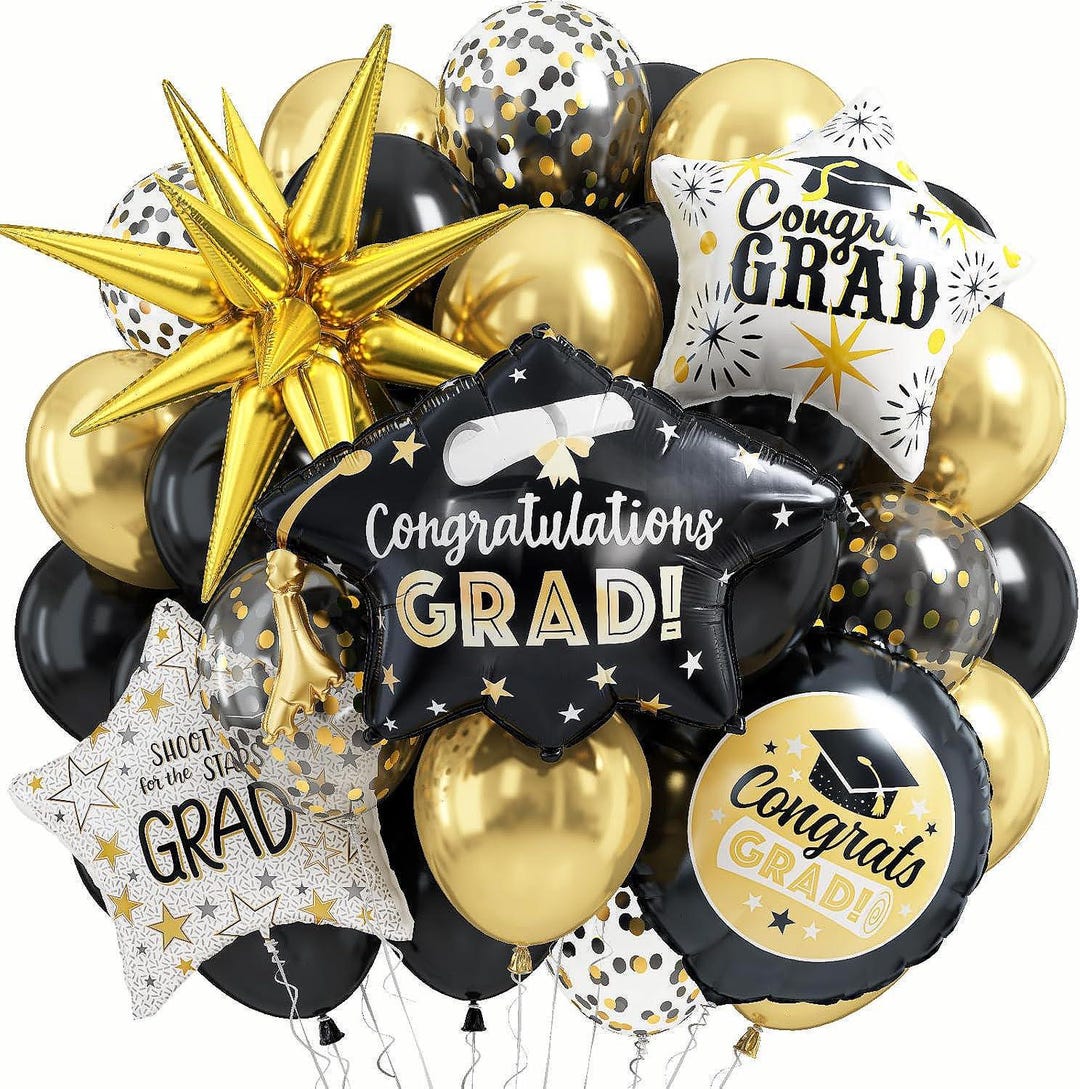Class of 2026 Graduation Balloons Black Gold Confetti Grad Hat Star ...
