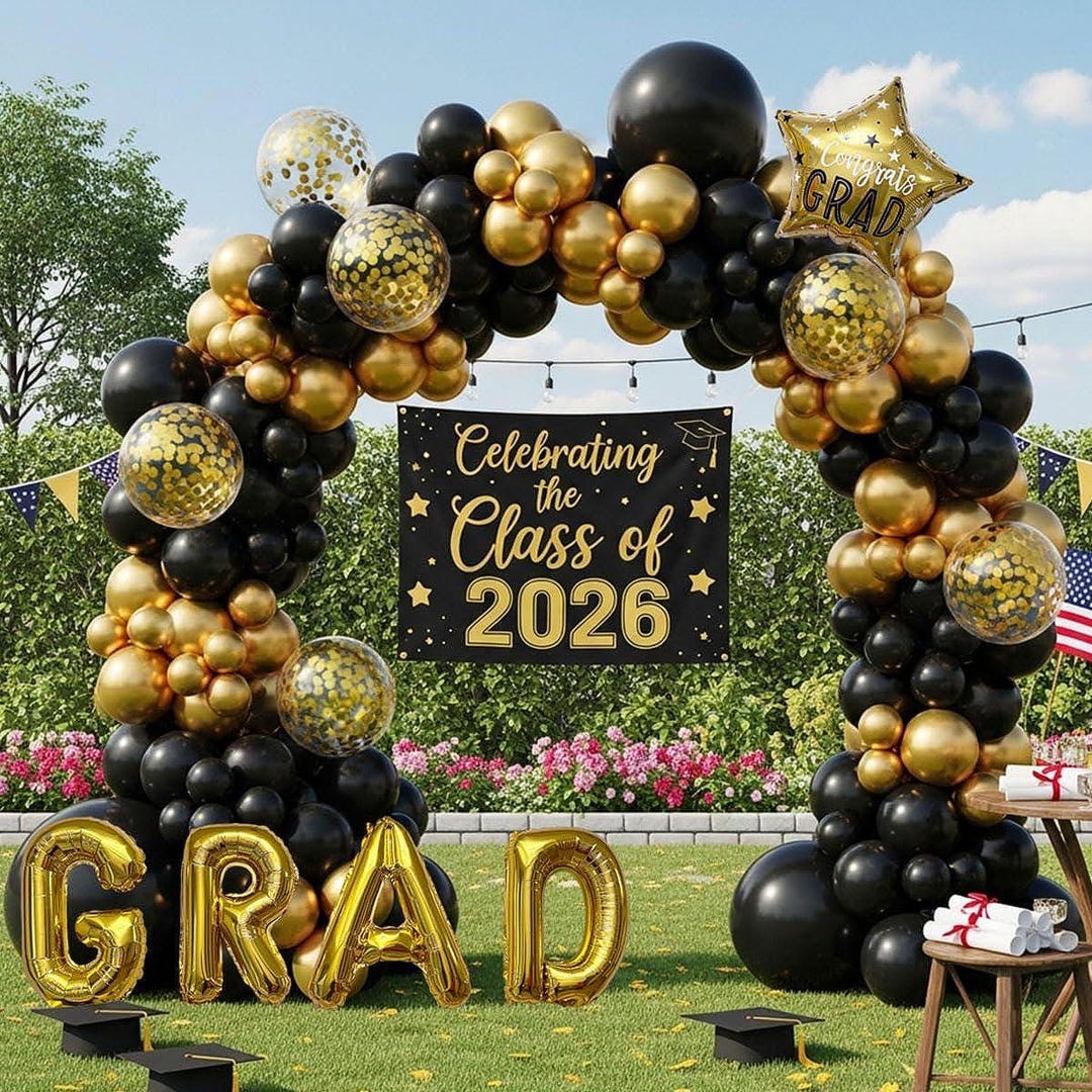 Black Gold Graduation Balloon Arch Kit 115pcs GRAD Letters Star ...