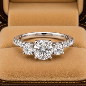 alternative engagement rings June Wedding Ring Three Stone Diamond Ring – Round & Cushion Cut, Pavé Band, 14k Gold