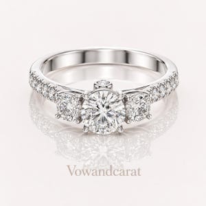 Bespoke vvs/vs Clarity Diamond 10K Gold Three Stone Ring, Round & Cushion Lab Diamonds, Pavé Band Engagement Ring Anniversary Gift