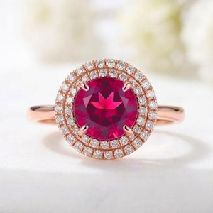 Round Lab Created Ruby Engagement Ring Rose Gold Double Halo Moissanite Accent (July Birthstone)