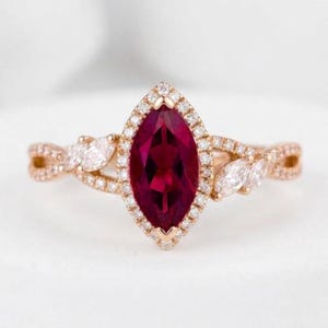 Marquise Ruby Moissanite Halo Ring, Twisted Sterling Silver Band (Made to Order)